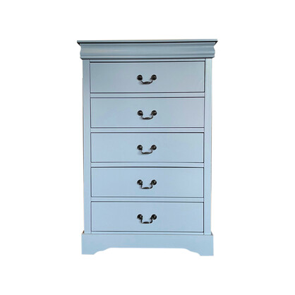 Solid Wooden Grey Colour Tallboy With 5 Drawers Metal Handles