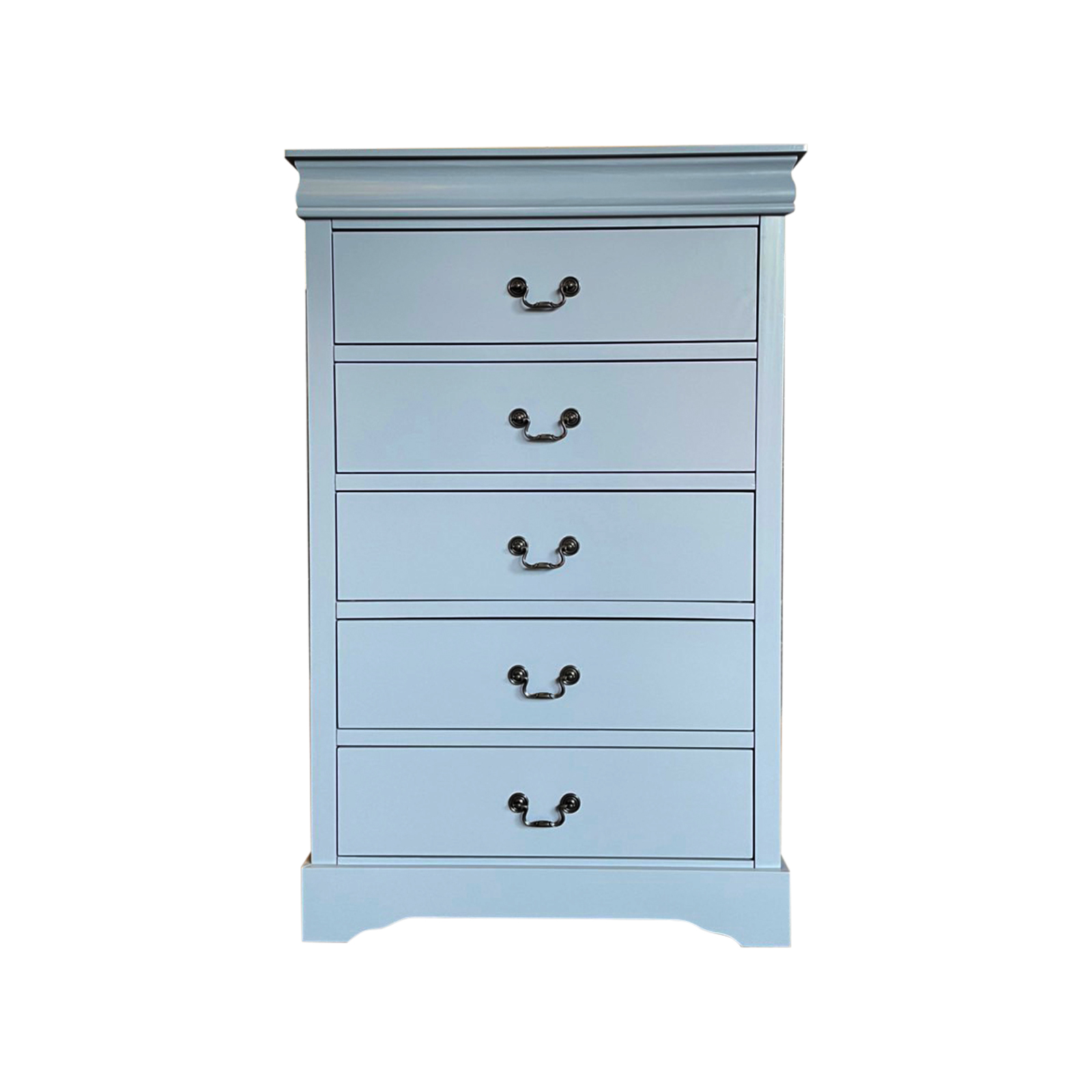 Solid Wooden Grey Colour Tallboy With 5 Drawers Metal Handles