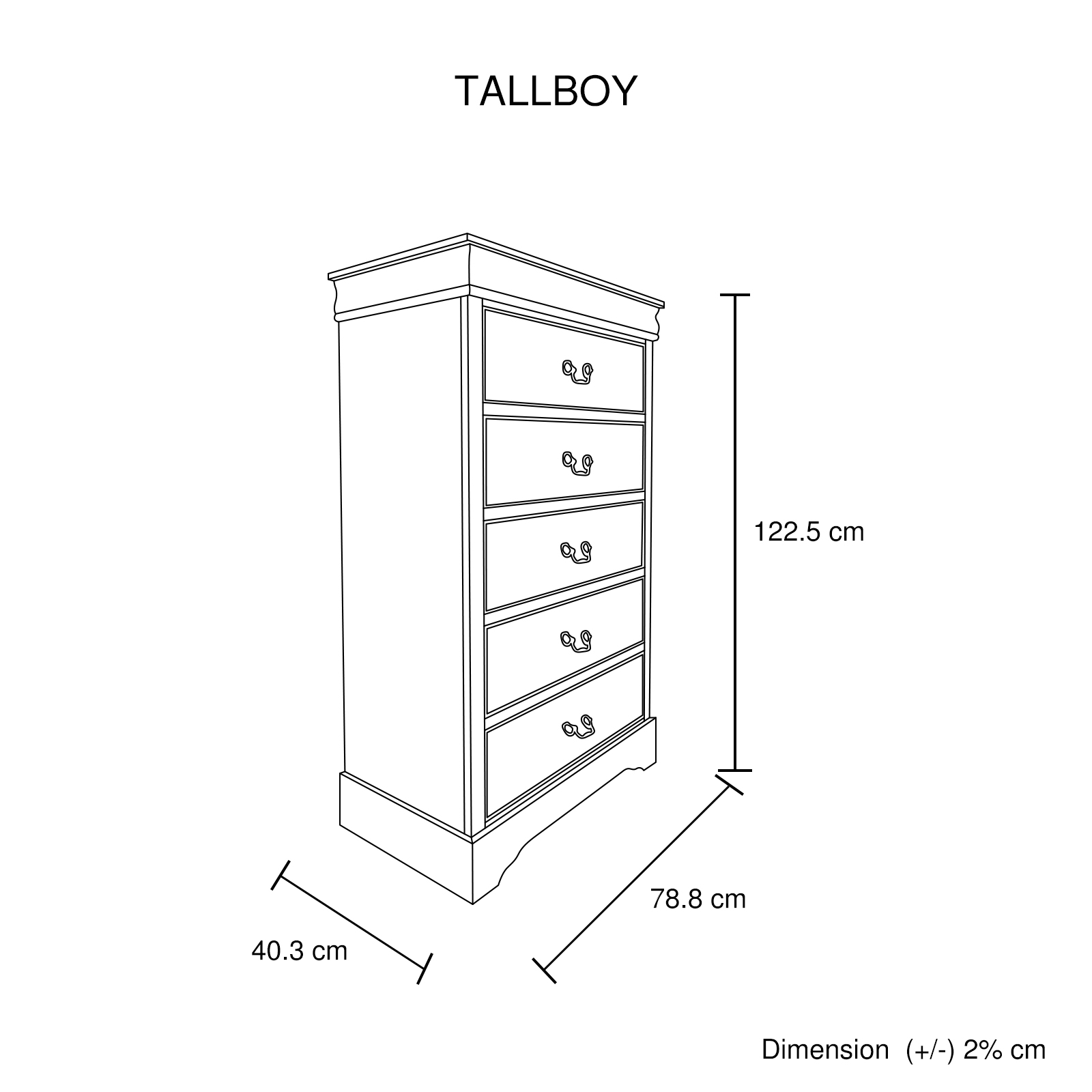 Solid Wooden Grey Colour Tallboy With 5 Drawers Metal Handles