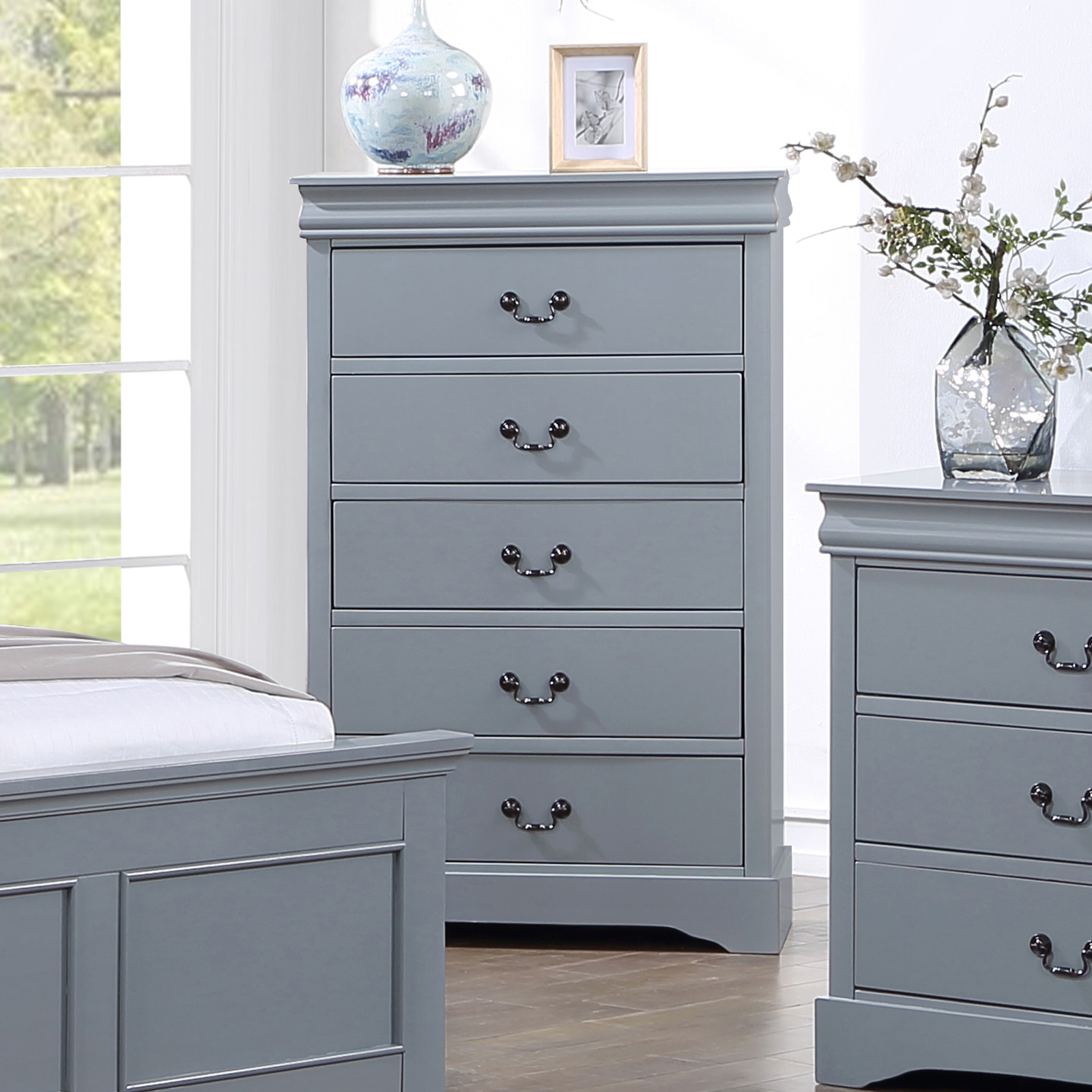 Solid Wooden Grey Colour Tallboy With 5 Drawers Metal Handles