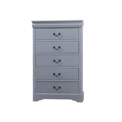 Solid Wooden Grey Colour Tallboy With 5 Drawers Metal Handles