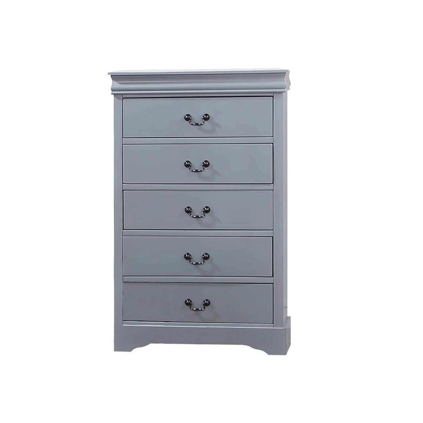 Solid Wooden Grey Colour Tallboy With 5 Drawers Metal Handles