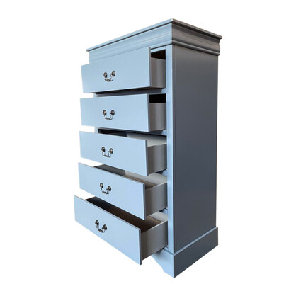 Solid Wooden Grey Colour Tallboy With 5 Drawers Metal Handles