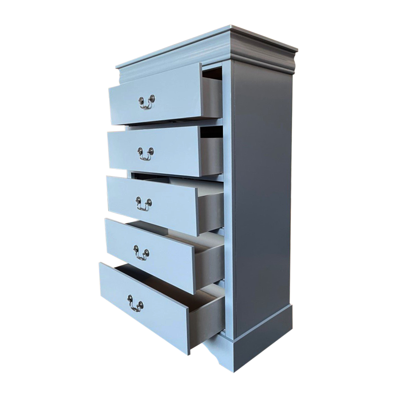 Solid Wooden Grey Colour Tallboy With 5 Drawers Metal Handles