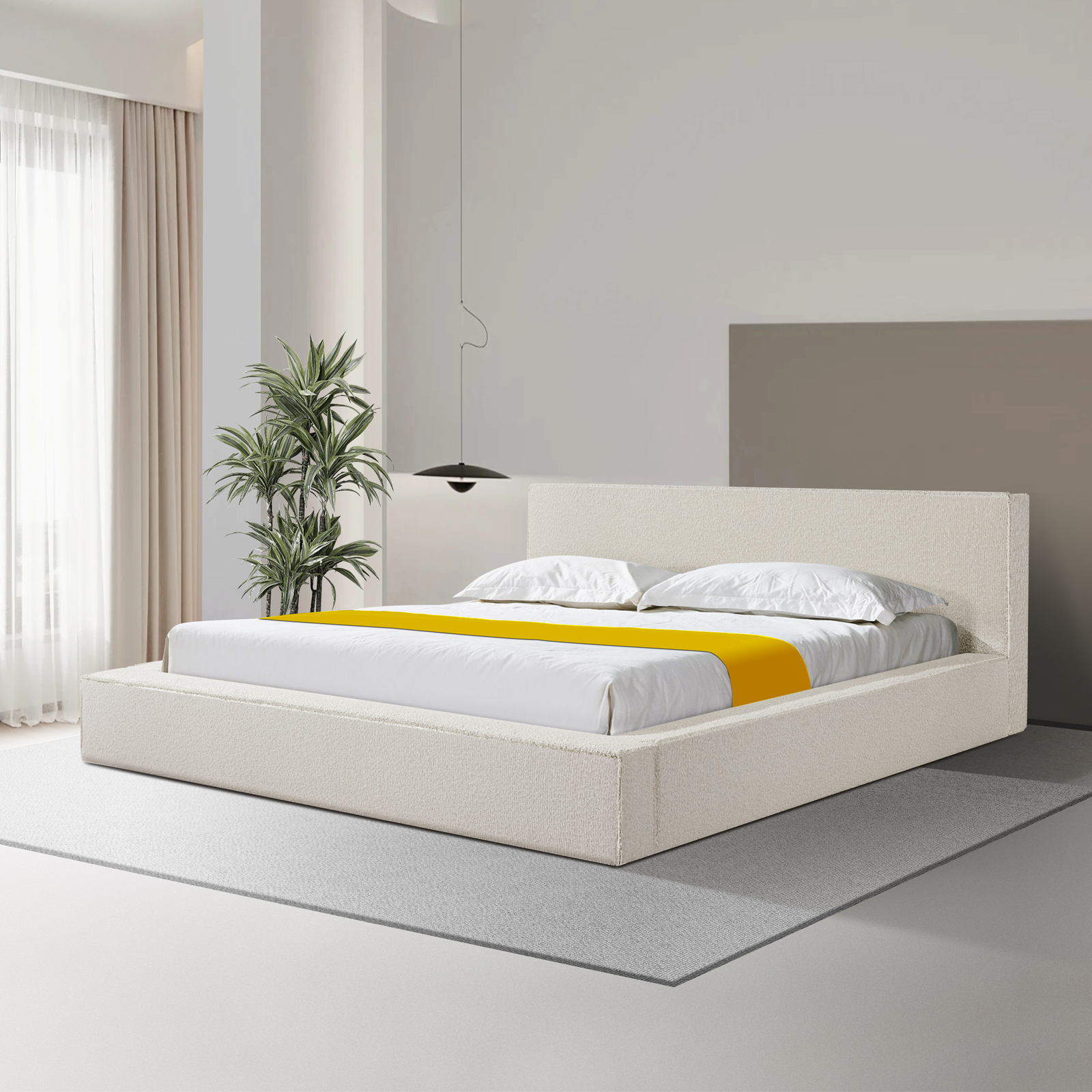 King Bed Frame White Quality Fabric Upholstery with KD Slats