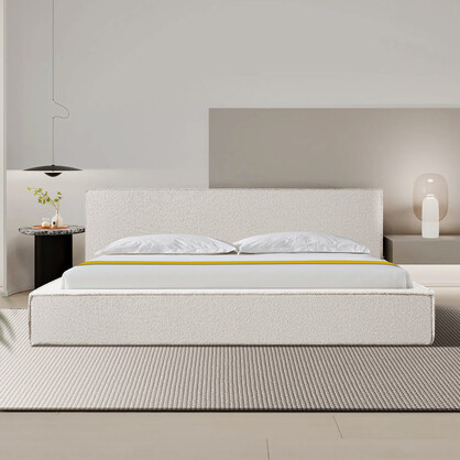 King Bed Frame White Quality Fabric Upholstery with KD Slats