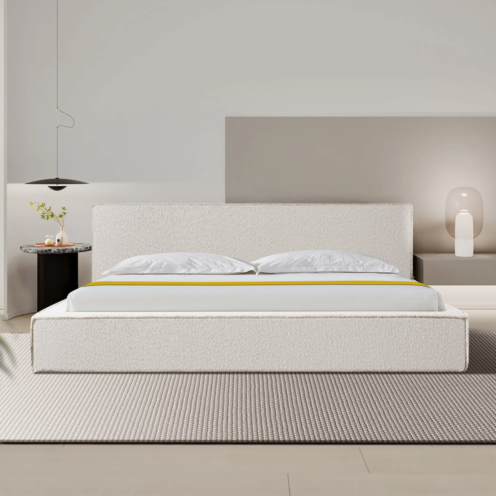 King Bed Frame White Quality Fabric Upholstery with KD Slats