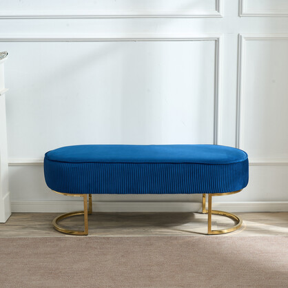 Bench Chair Blue Velvet Fabric Padded Upholstered Seat Wooden Frame Iron Feet Shiny Golden