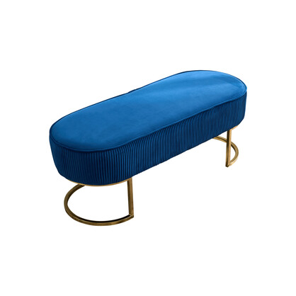 Bench Chair Blue Velvet Fabric Padded Upholstered Seat Wooden Frame Iron Feet Shiny Golden