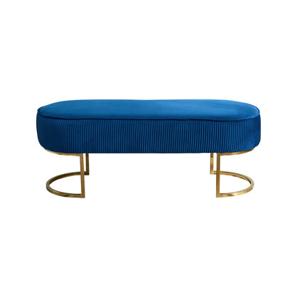 Bench Chair Blue Velvet Fabric Padded Upholstered Seat Wooden Frame Iron Feet Shiny Golden