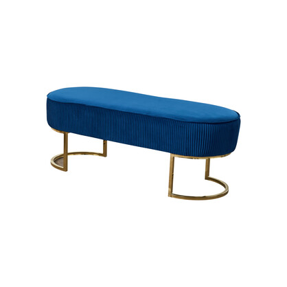 Bench Chair Blue Velvet Fabric Padded Upholstered Seat Wooden Frame Iron Feet Shiny Golden