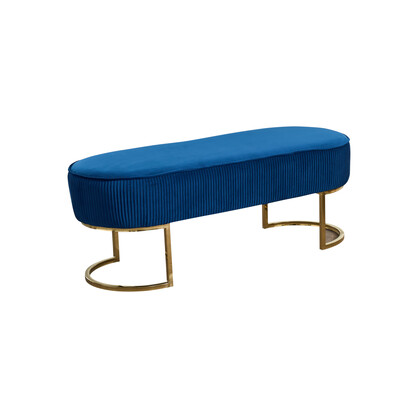 Bench Chair Blue Velvet Fabric Padded Upholstered Seat Wooden Frame Iron Feet Shiny Golden