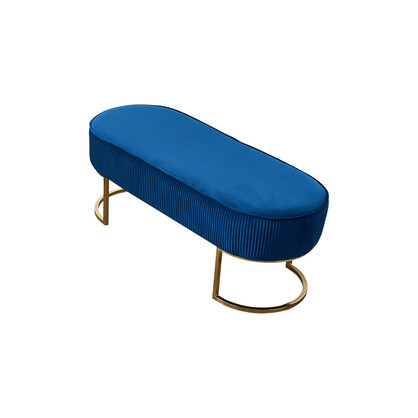 Bench Chair Blue Velvet Fabric Padded Upholstered Seat Wooden Frame Iron Feet Shiny Golden