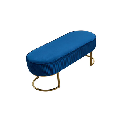 Bench Chair Blue Velvet Fabric Padded Upholstered Seat Wooden Frame Iron Feet Shiny Golden