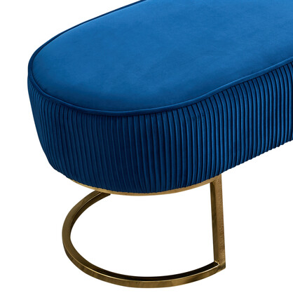 Bench Chair Blue Velvet Fabric Padded Upholstered Seat Wooden Frame Iron Feet Shiny Golden