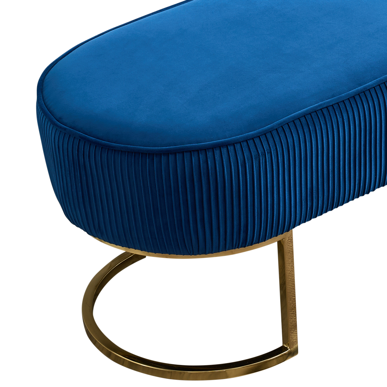 Bench Chair Blue Velvet Fabric Padded Upholstered Seat Wooden Frame Iron Feet Shiny Golden