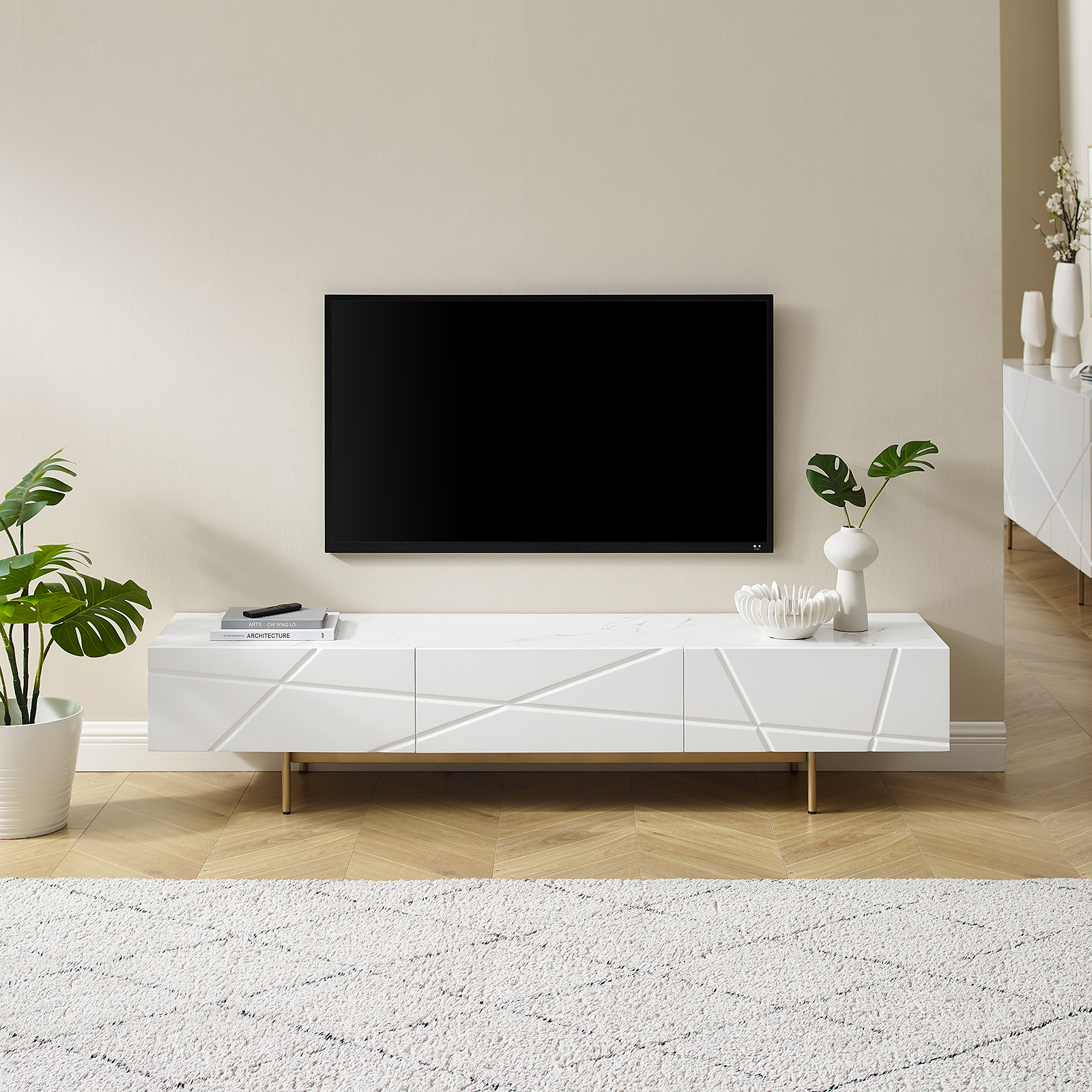 TV Cabinet MDF High Gloss Painting Storage Drawers Metal Base