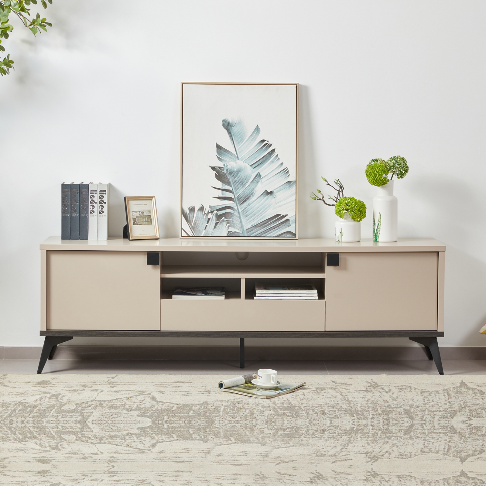 TV Cabinet MDF Particle Board with Melamine Finishing Storage Space Metal Legs