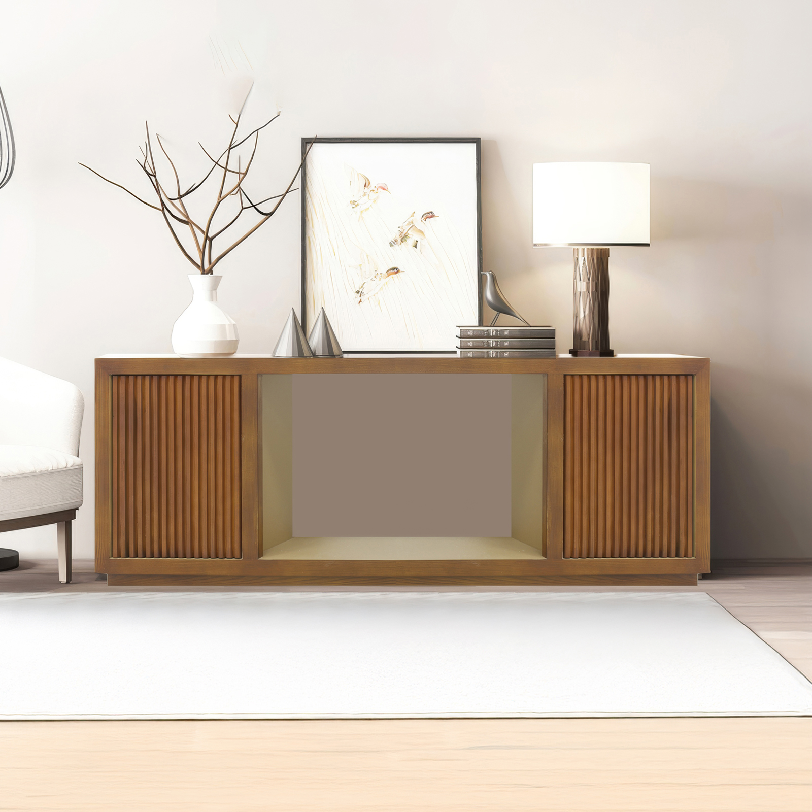 TV Cabinet MDF Brown Colour Two Sideboards Open Space