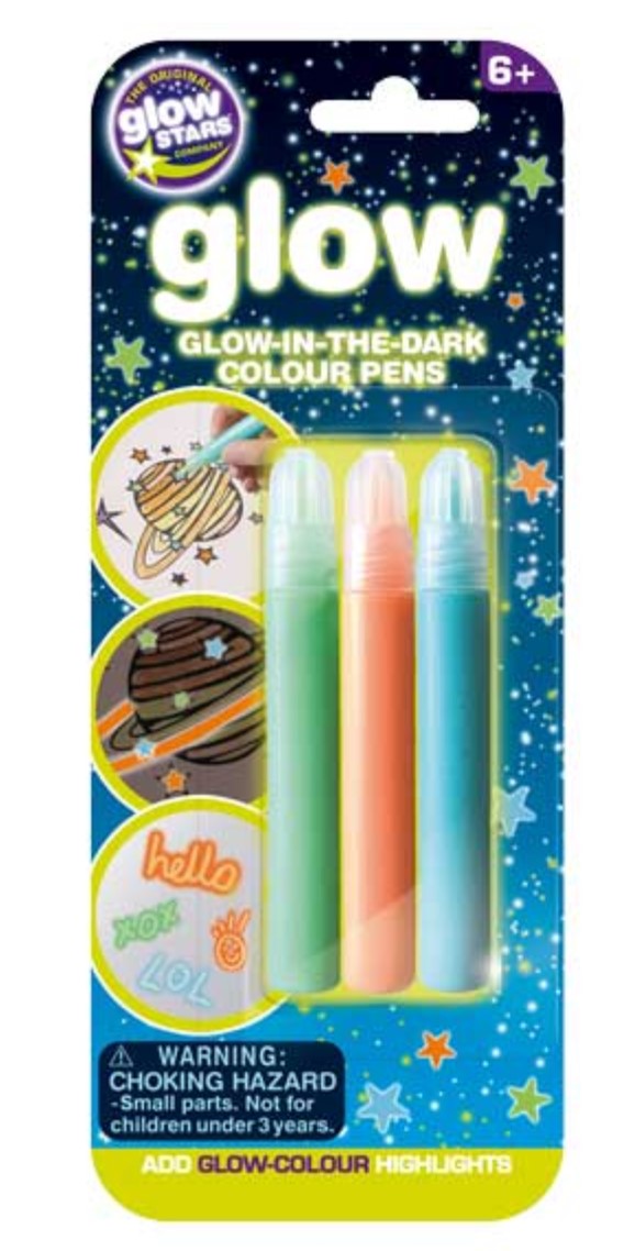 Glow In The Dark Colour Pens x 3 assorted