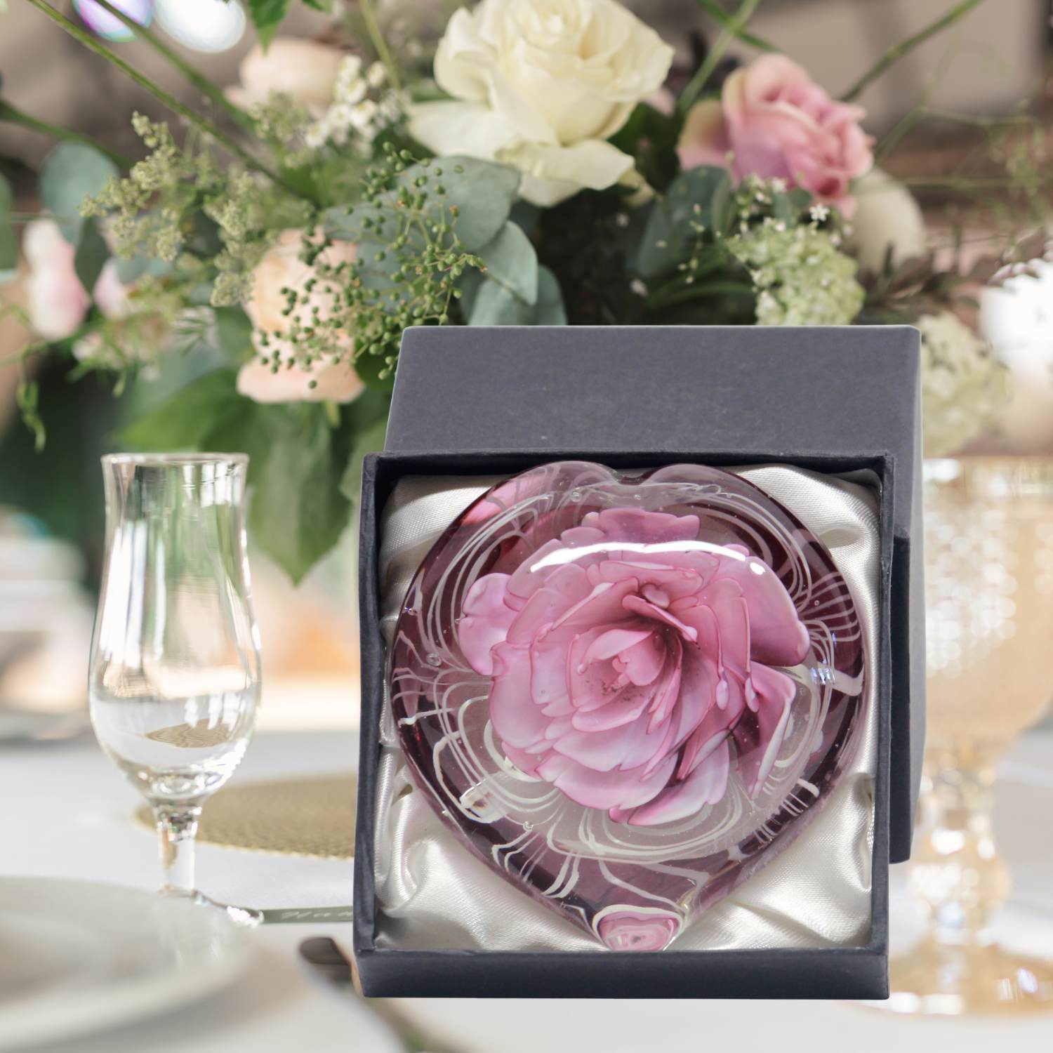 Handblown Zibo Art Glass Heart Shape - Pink Flower Paperweight, Gift Box