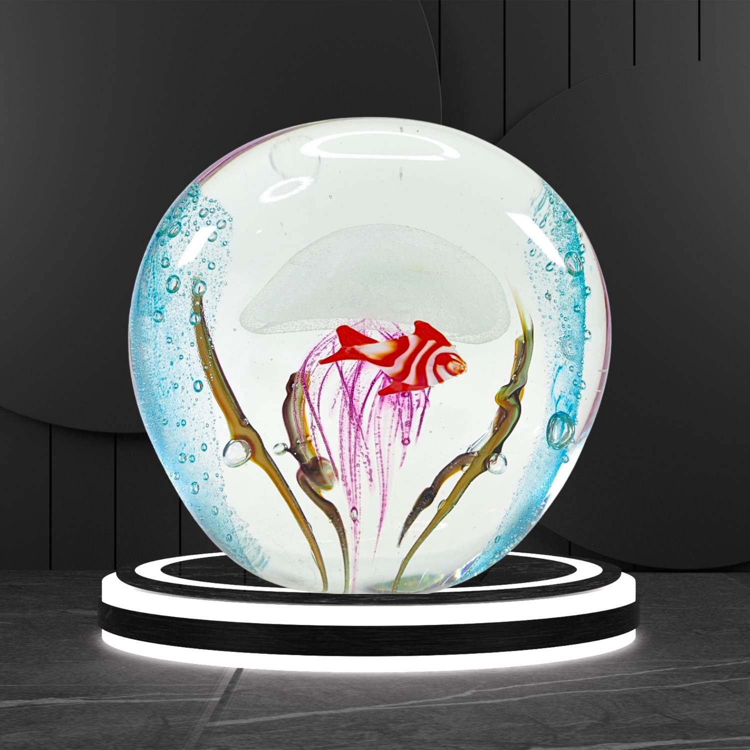 Zibo Handblown Art Glass - Fan Shape Jellyfish and Fish Pattern
