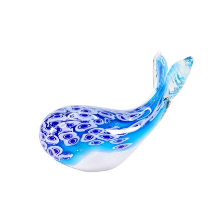 Zibo Handblown Art Glass - sky blue with blue and white Millefiori-style pattern Whale