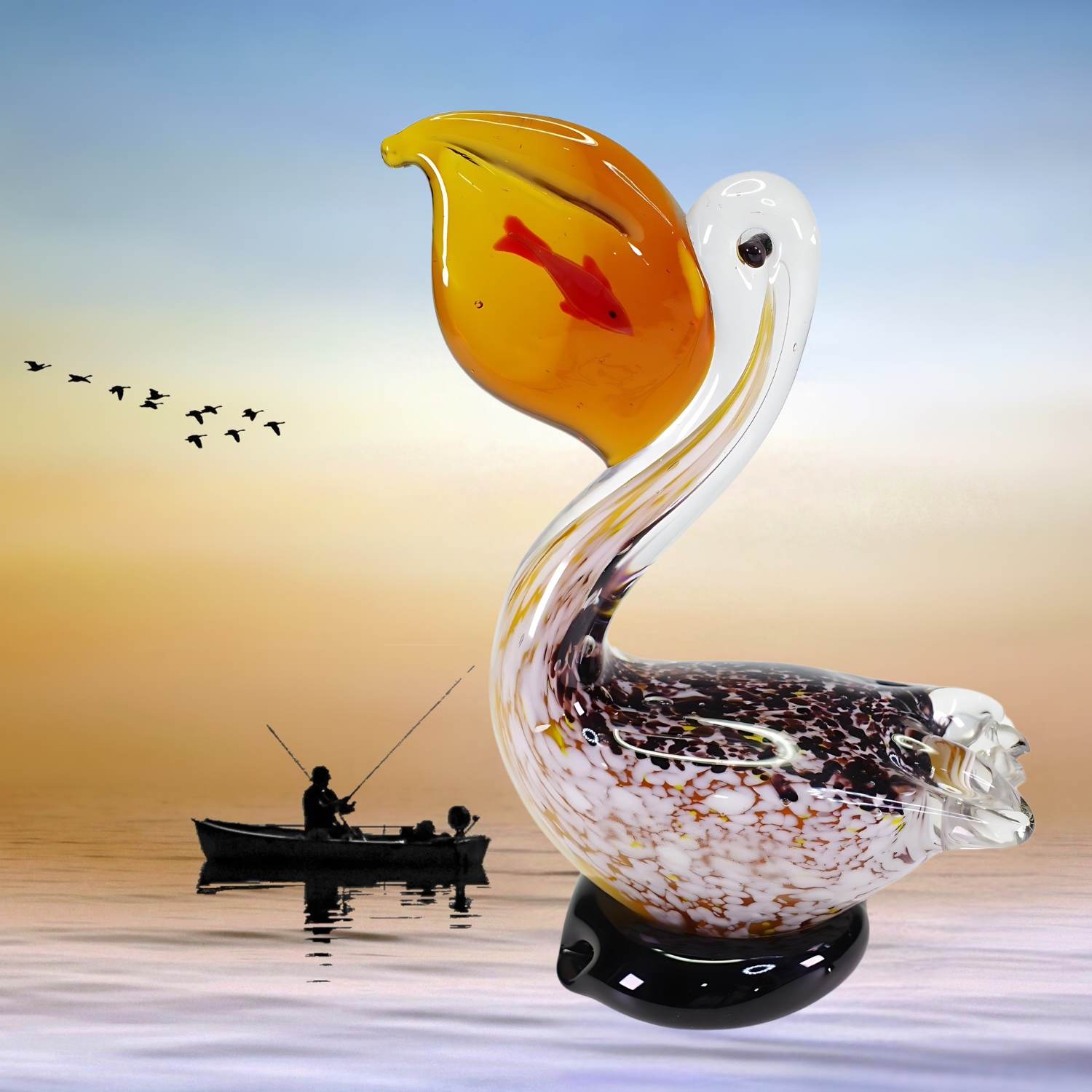 Zibo Handblown Art Glass - Pelican with Fish on its beak