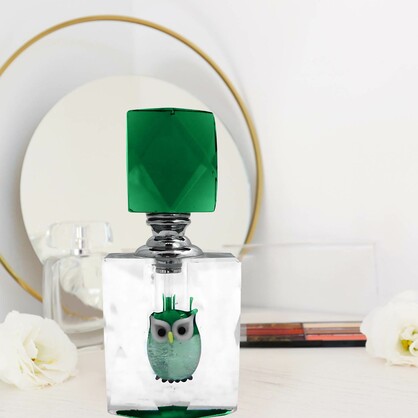 Cut Glass Perfume Bottle with Handblown Green Owl