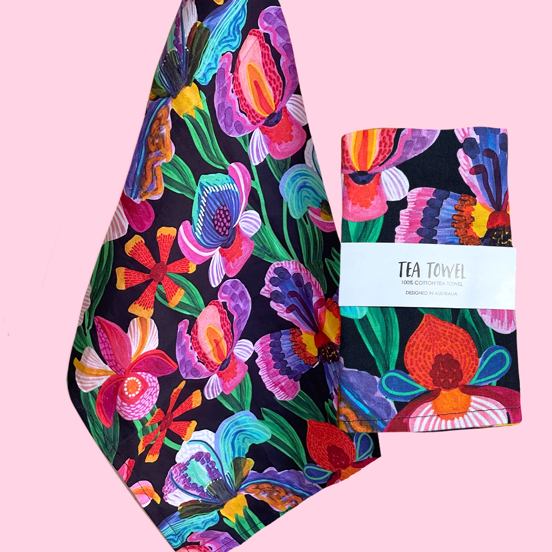 Irises & Orchids Tea Towel
