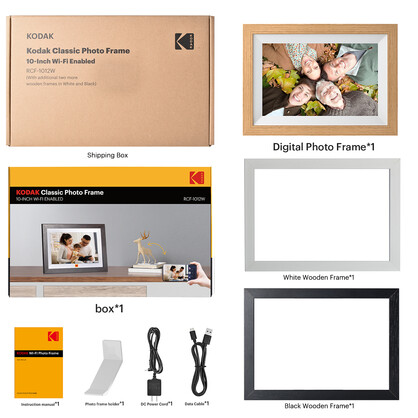 KODAK Classic Photo Frame 10.1 inch Wi-Fi Enabled RCF-1012W in Natural Wooden Frame Bundled with Two Extra Frames in Black and White 32GB In