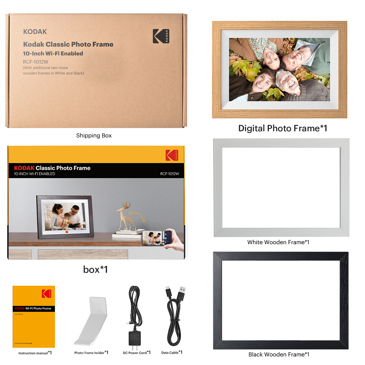 KODAK Classic Photo Frame 10.1 inch Wi-Fi Enabled RCF-1012W in Natural Wooden Frame Bundled with Two Extra Frames in Black and White 32GB In