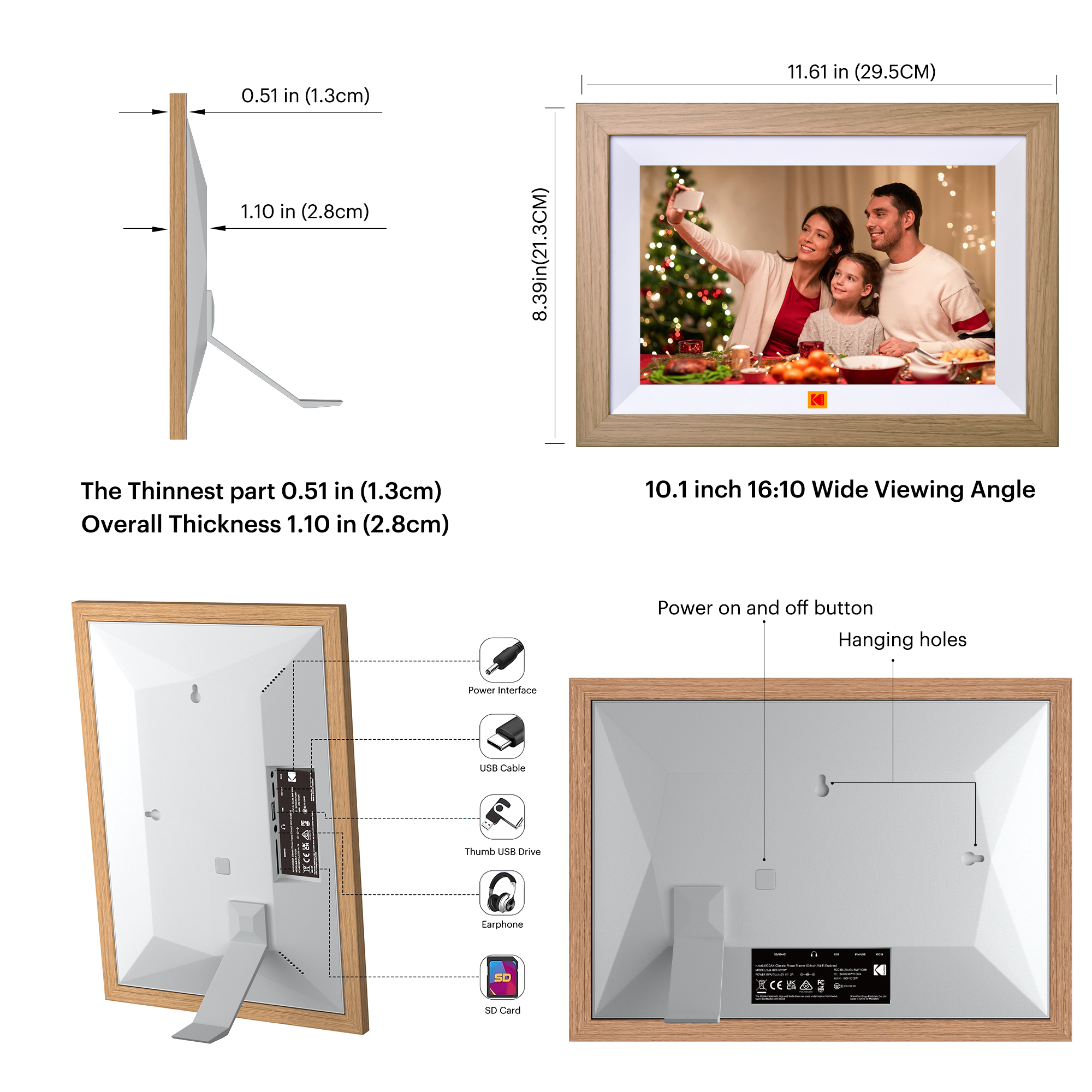 KODAK Classic Photo Frame 10.1 inch Wi-Fi Enabled RCF-1012W in Natural Wooden Frame Bundled with Two Extra Frames in Black and White 32GB In