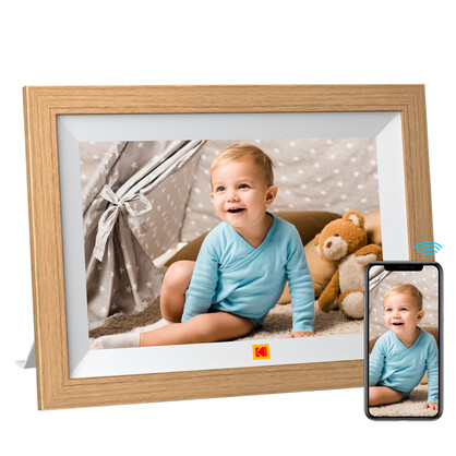 KODAK Classic Photo Frame 10.1 inch Wi-Fi Enabled RCF-1012W in Natural Wooden Frame Bundled with Two Extra Frames in Black and White 32GB In