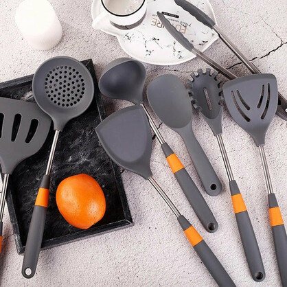 Anygleam Cooking Utensil 7 Set Grey Heat Resistant Tools with 1 Storage for Spatula Kit Kitchenware for Nonstick Cookware
