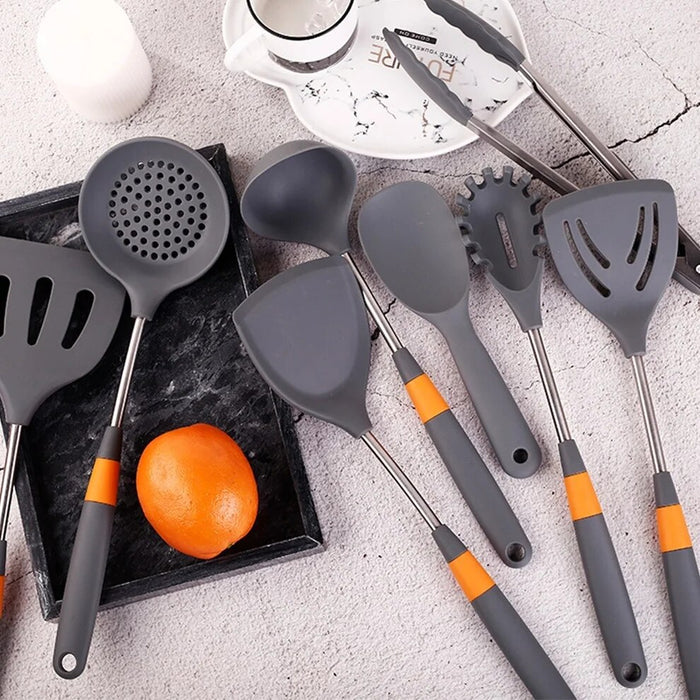 Anygleam Cooking Utensil 7 Set Grey Heat Resistant Tools with 1 Storage for Spatula Kit Kitchenware for Nonstick Cookware