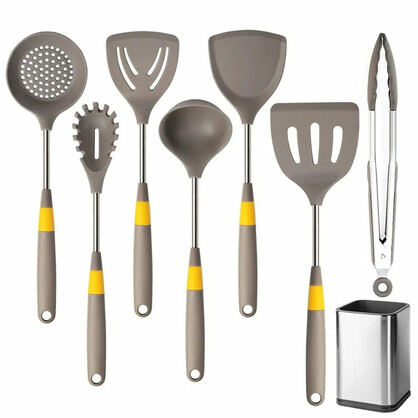 Anygleam Cooking Utensil 7 Set Khaki Heat Resistant Tools with 1 Storage for Spatula Kit Kitchen Accessories for Nonstick Cookware