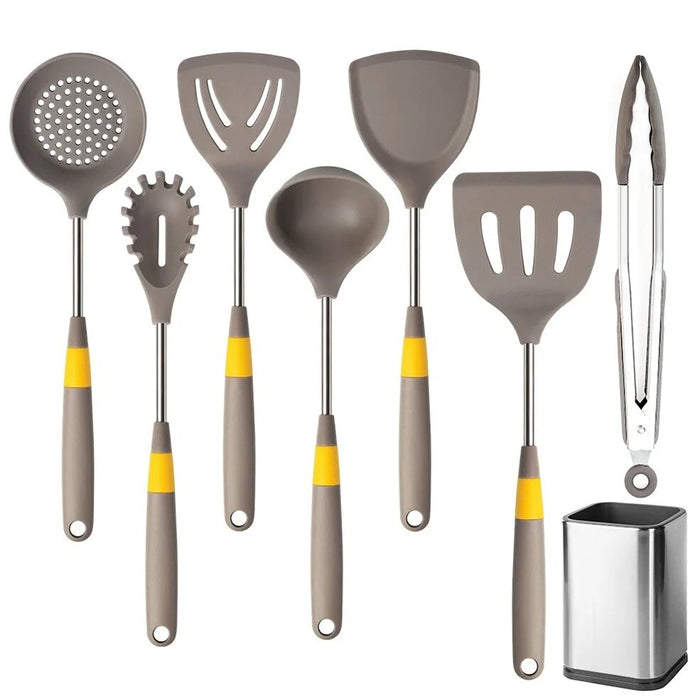 Anygleam Cooking Utensil 7 Set Khaki Heat Resistant Tools with 1 Storage for Spatula Kit Kitchen Accessories for Nonstick Cookware