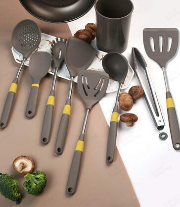 Anygleam Cooking Utensil 7 Set Khaki Heat Resistant Tools with 1 Storage for Spatula Kit Kitchen Accessories for Nonstick Cookware