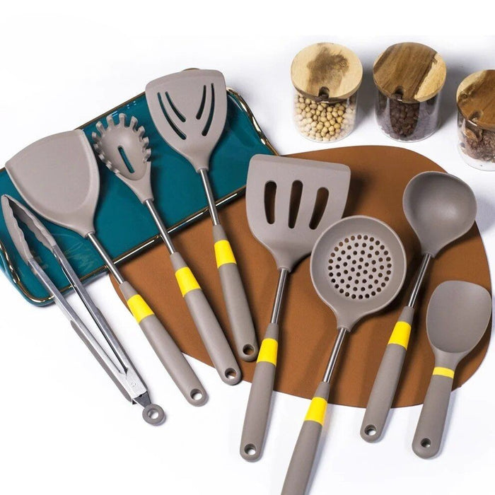 Anygleam Cooking Utensil 8 Set Grey Heat Resistant Tools Spatula Kit Kitchen Accessories Kitchenware for Nonstick Cookware