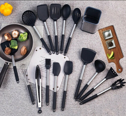 Anygleam Kitchen Utensils Non-stick Black/ Silver 15 Set Cooking Tool Accessories Heat Resistant Kitchenware