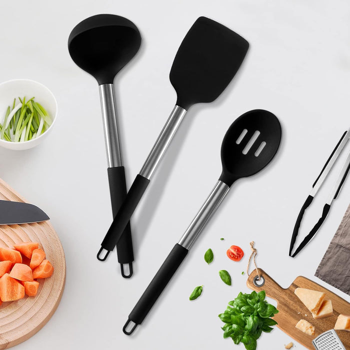Anygleam Kitchen Utensils Non-stick Black/ Silver 15 Set Cooking Tool Accessories Heat Resistant Kitchenware