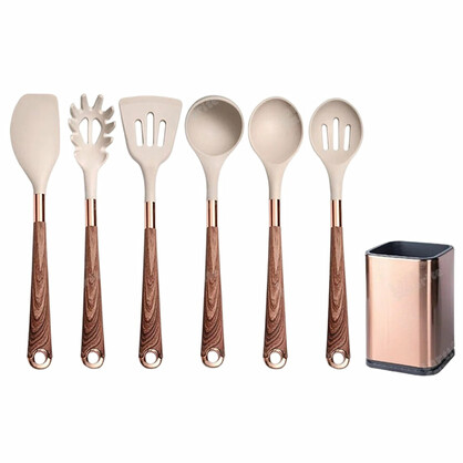Anygleam Kitchen Utensils Non-stick Brown 6 Set Gold Plated Handle with Support Point and Storage Box Cooking Tool Accessories Kitchenware