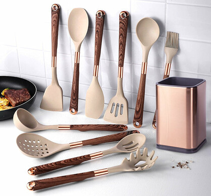 Anygleam Kitchen Utensils Non-stick Brown 6 Set Gold Plated Handle with Support Point and Storage Box Cooking Tool Accessories Kitchenware