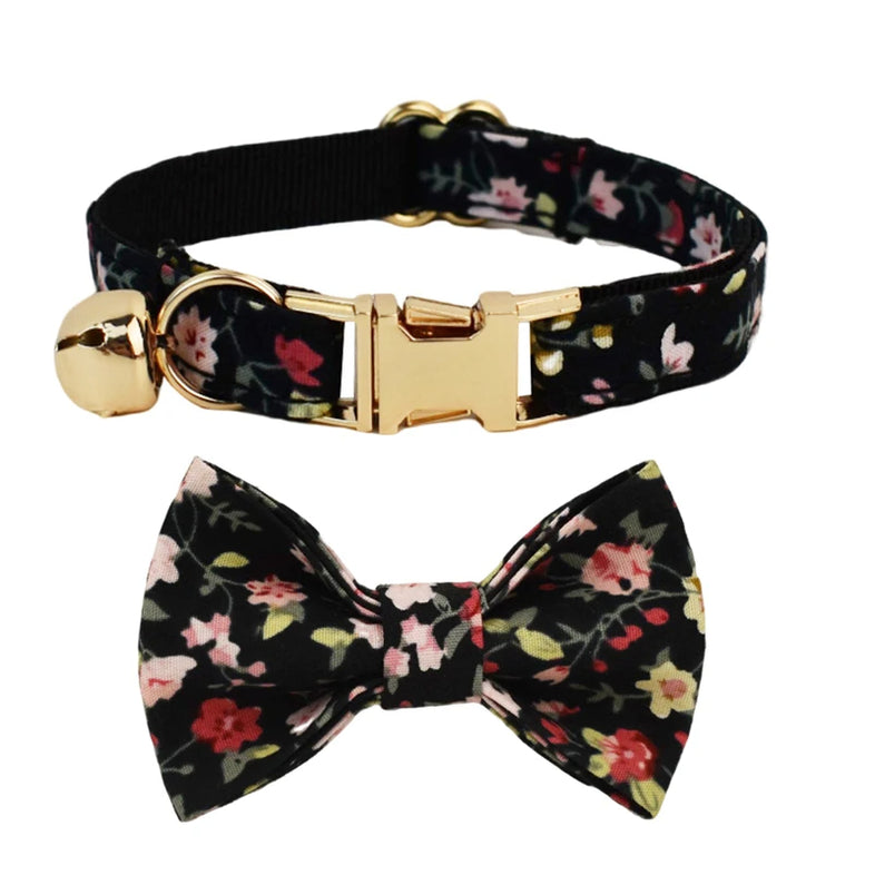 AnyWags Cat Collar Floral Vines Black Bow Small with Safety Buckle, Bell, and Durable Strap Stylish and Comfortable Pet Accessory