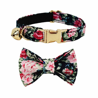 AnyWags Cat Collar Floral Black Bow Small with Safety Buckle, Bell, and Durable Strap Stylish and Comfortable Pet Accessory