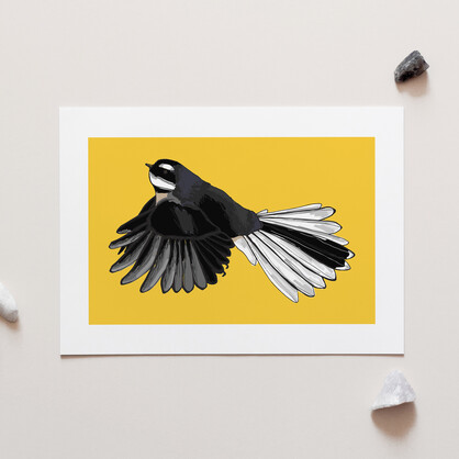 Fantail on Yellow A4 Art Print