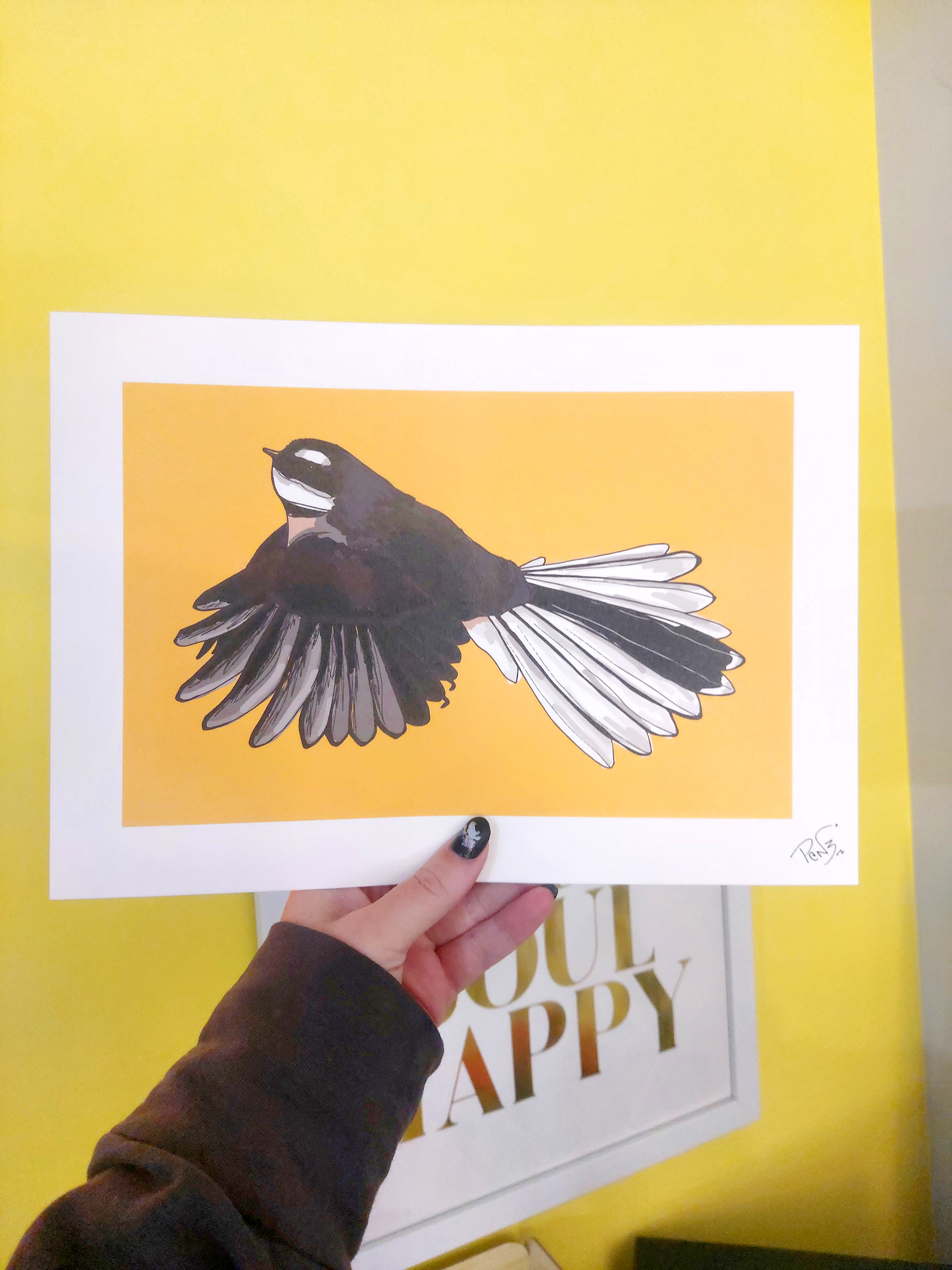 Fantail on Yellow A4 Art Print