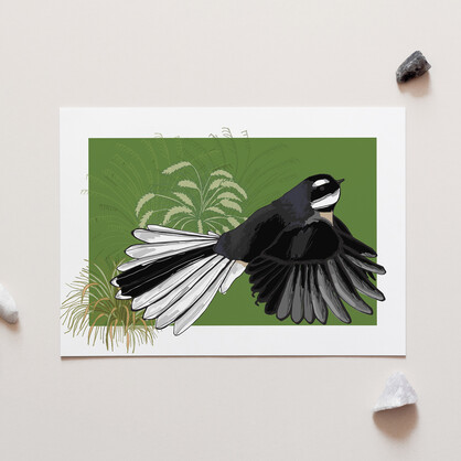 Fantail on Green A4 Art Print
