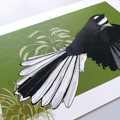 Fantail on Green A4 Art Print